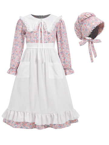 FORTMAC Prairie Dress Girls Pioneer Colonial Costume Floral 1800s Pilgrim Costume with Apron and Bonnet Pink 6-7Y