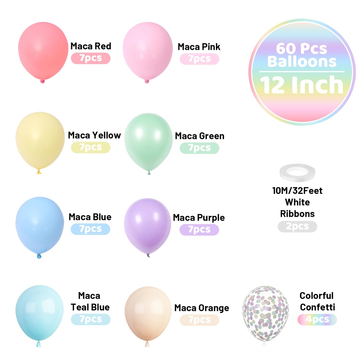 Funhot Pastel Balloons, 60 Pcs Pastel Latex Balloon, 12 Inch Macaron Red Pink Blue Purple Green Yellow Orange Balloon Colorful C