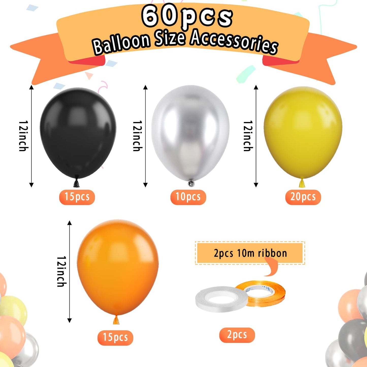 Paready 60 Pcs Balloons Set, 12 Inch Rubber Balloons in Black, Orange, Yellow & Metallic Silver for Kids Car Theme Birthday Decorations