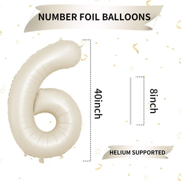 40 Inch Cream Number 6 Balloon, Beige Large 6Th Birthday Balloons, Digital 6 Cream White Giant 6 Foil Balloon Helium For Boys Gi