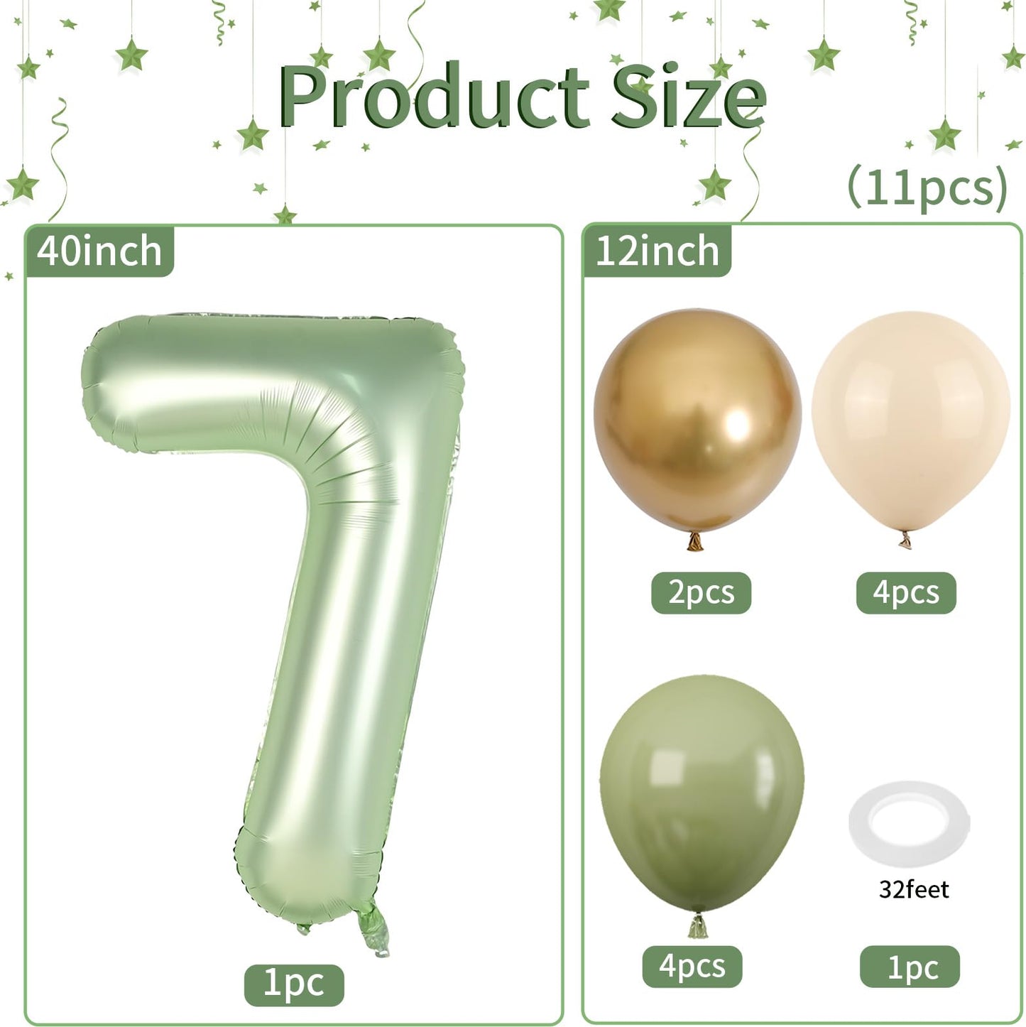 40 Inch Sage Green Number 7 Balloon, Olive Green 7Th Birthday Balloons, Retro Sand White Avocado Green Gold Latex Balloons Giant