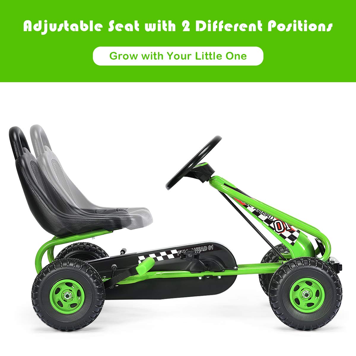 Costzon Go Kart For Kids, 4 Wheel Pedal Powered Go Cart With Adjustable Seat, Handbrake & Non-Slip Wheels, Outdoor Racer Ride On Pedal Car, Gift For Boys Girls (Green)