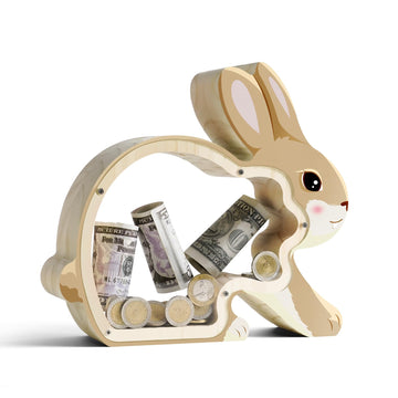Wooden Bunny Piggy Banks For Kids, Unbreakable Rabbit Coin Bank For Kids With Letter Sticker, Wooden Cashbox Money Jar Personali