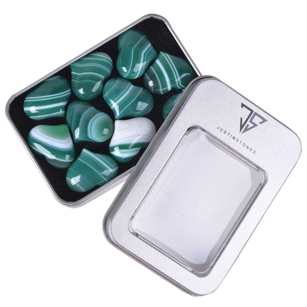 Green Banded Agate Gemstone Healing Crystal 1 Inch Mini Puffy Heart Pocket Stone Iron Gift Box (Pack Of 10)