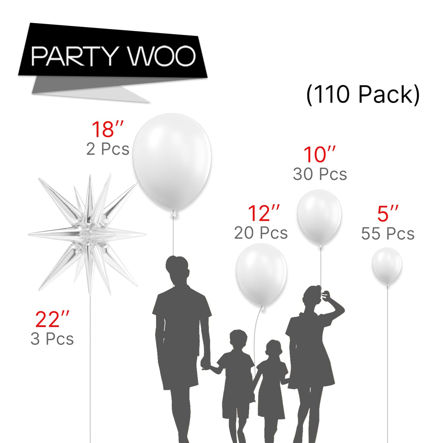 Partywoo White Balloons, 110 Pcs 22 Inch Star Balloons And White Balloons Different Sizes Pack Of 18 Inch 12 Inch 10 Inch 5 Inch For Balloon Garland Or Arch As Birthday Decorations, Party Decorations