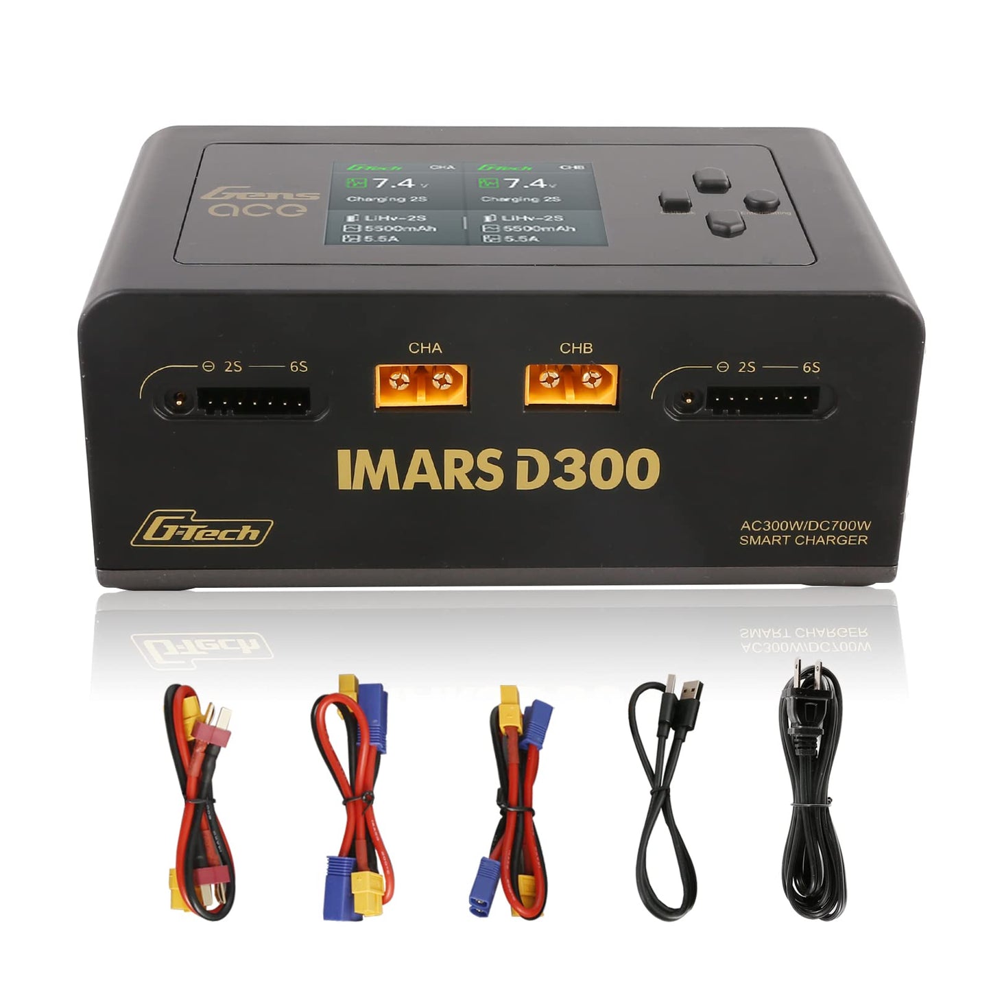 Gens Ace Lipo Battery Charger IMARS D300 G-Tech Series Smart Dual Lipo Charger 16A AC 300W DC 700W Lipo Charger(Black)