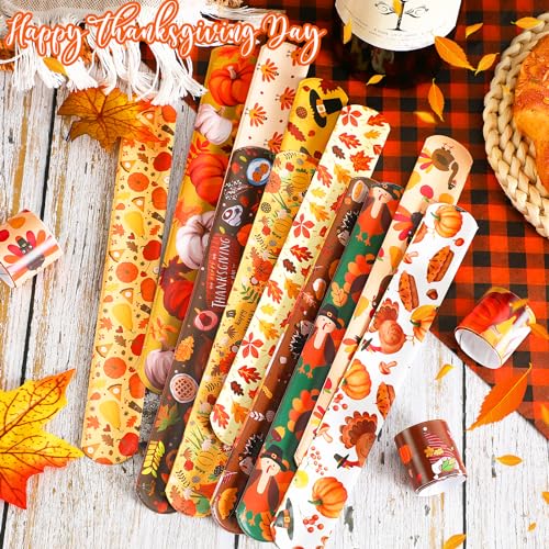 JUNEBRUSHS Thanksgiving Slap Bracelets, 56 Pcs Thanksgiving Gifts for Kids Autumn Maple Leaf Turkey Pumpkin Snap Bracelets Wrist