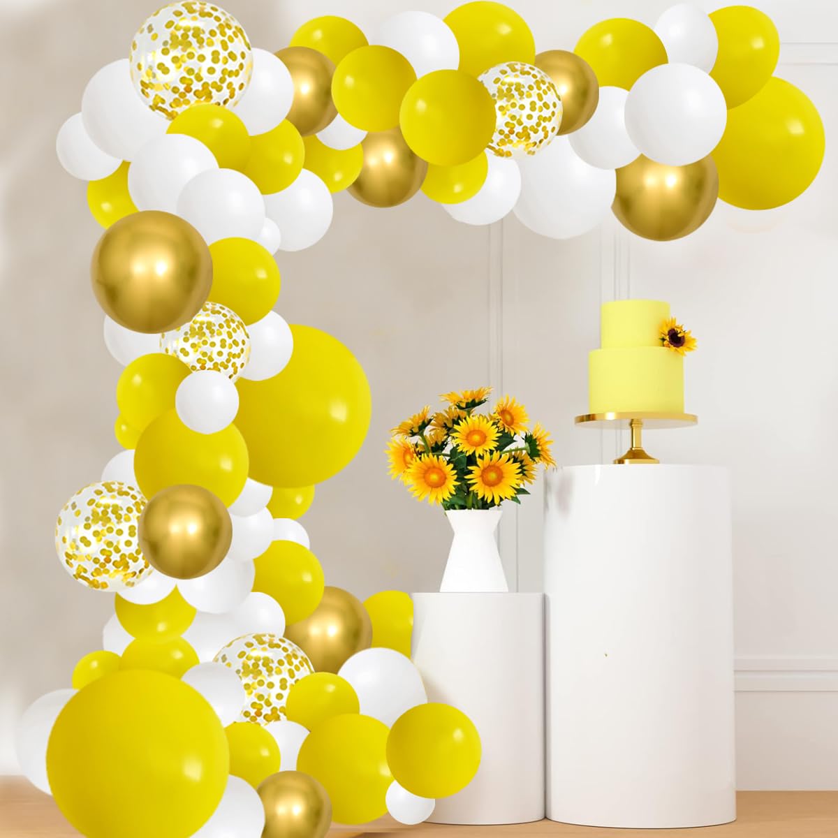 Yellow White Gold Balloon Garland Kit, 122Pcs White And Yellow Balloons Metallic Gold Confetti Balloons For Spring Theme Lemon G