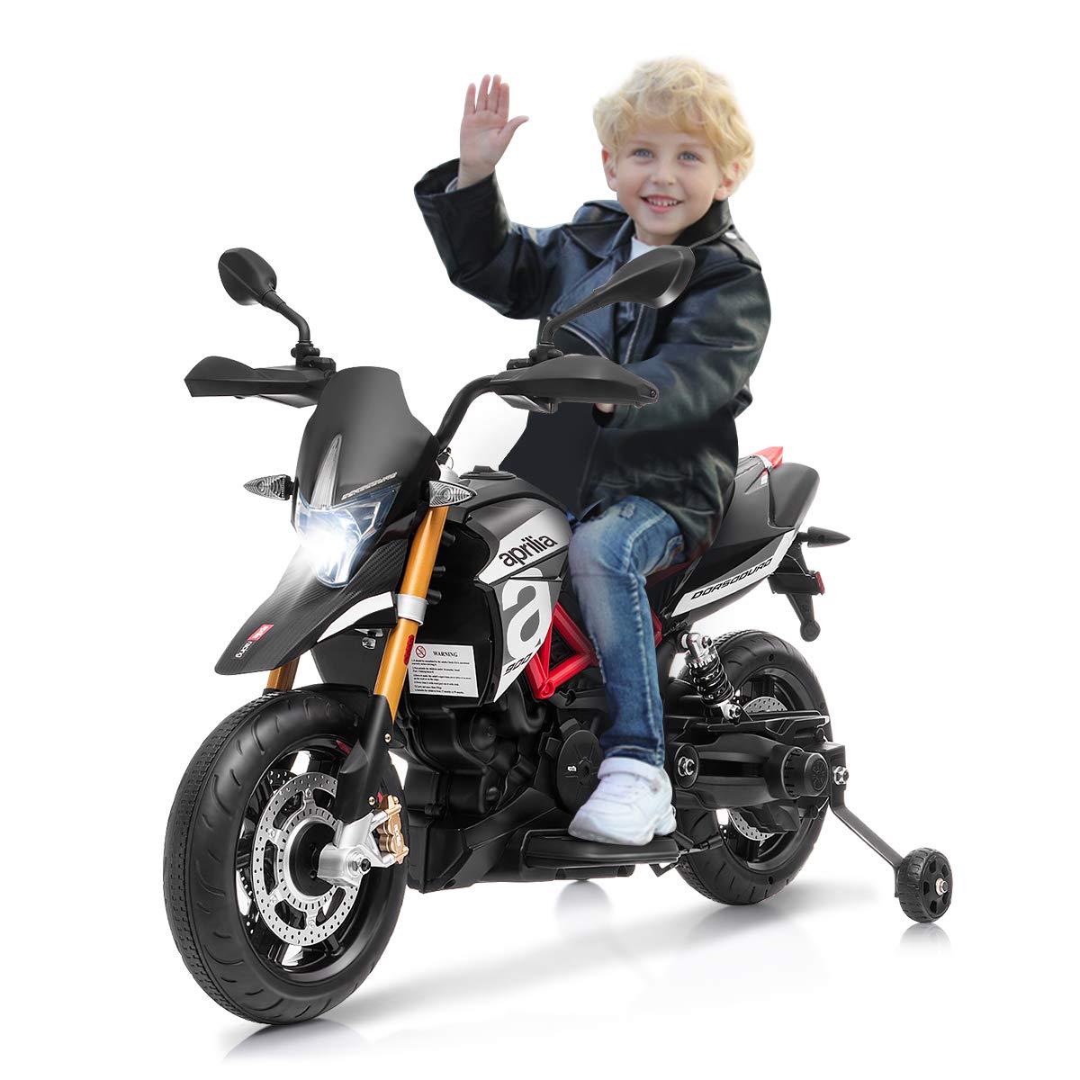 Costzon 12V Kids Motorcycle, Licensed Aprilia Electric Motorcycle Ride On Toy W/Training Wheels, Spring Suspension, Led Lights, Sounds & Music, Mp3, Battery Powered Dirt Bike For Boys & Girls, Black