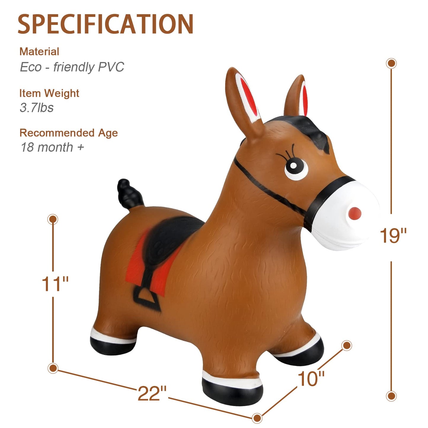 INPANY Bouncy Horse Hopper - Brown Inflatable Jumping Horse Toy for Kids, Rubber Material, Pump Included