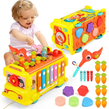 Pluspoint Activity School Bus Toy For Kids Multifunctional Pull-Along Bus With Gears, Teaching Clock, Fishing Game Color Matchin
