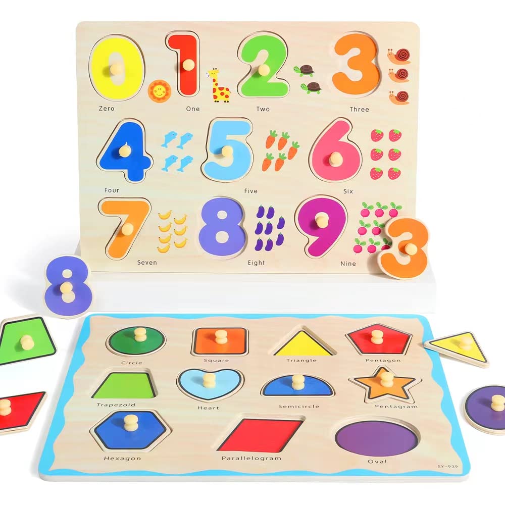 Grinnnie Wooden Montessori Toddler Puzzles For 1 2 3 4 Years Old, 3 Pcs (Number, Letter, Shape) Kids Preschool Educational Peg Puzzle Set