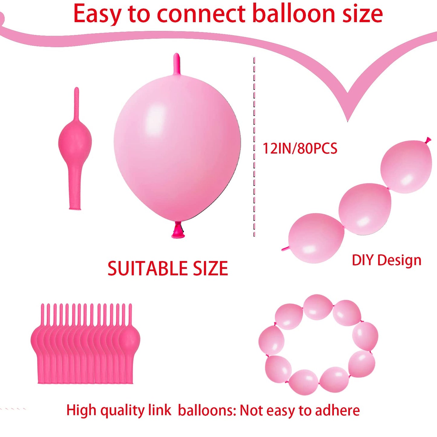 Adido Eva Link Balloons Pink 12 Inch Quick Latex Link Balloon 80 Pcs For Birthday, Halloween, Christmas, Party Festival Decorati