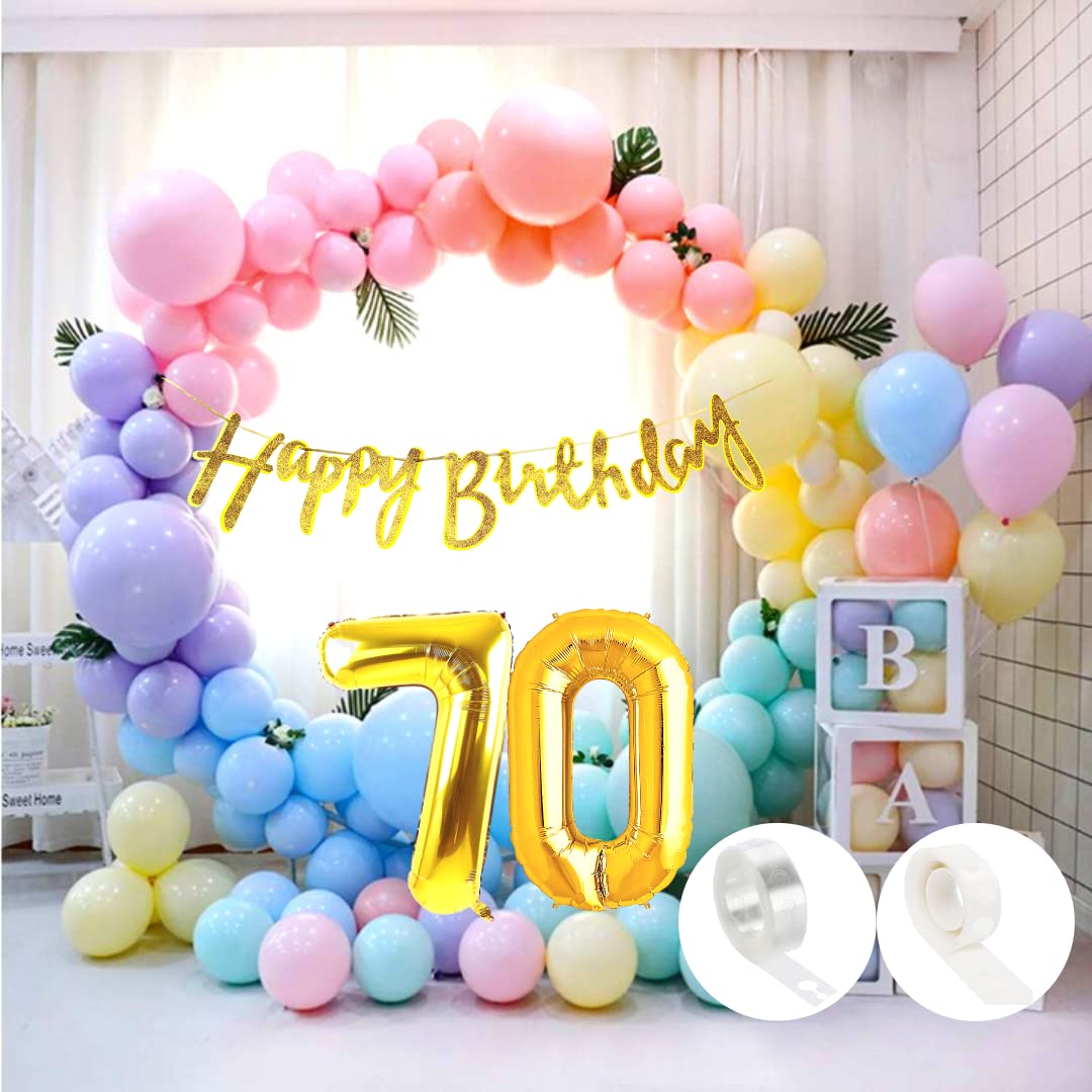 Flyloons 70Th Pastel Happy Birthday Decoration For Girls Kids Boys With Glitter Golden Happy Birthday Banner, Pastel Balloons, G