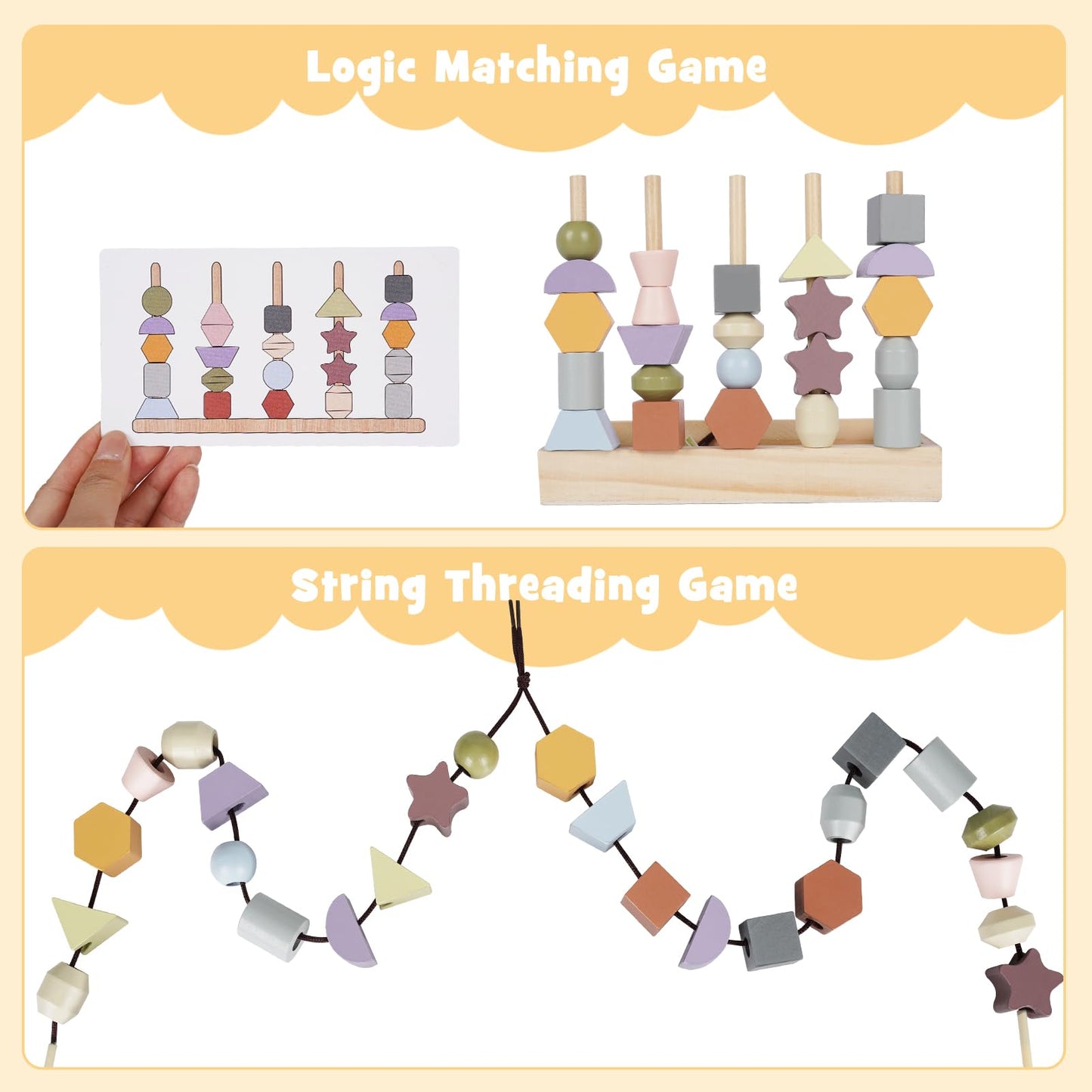 Montessori Toys For 3 Year Old - Wooden Lacing Beads & Stacking Blocks Toys For 3 4 5 Year Old Girl Boy Easter Birthday Gifts, Preschool Learning Activities With Beads Sequencing Set For Toddler 2-4