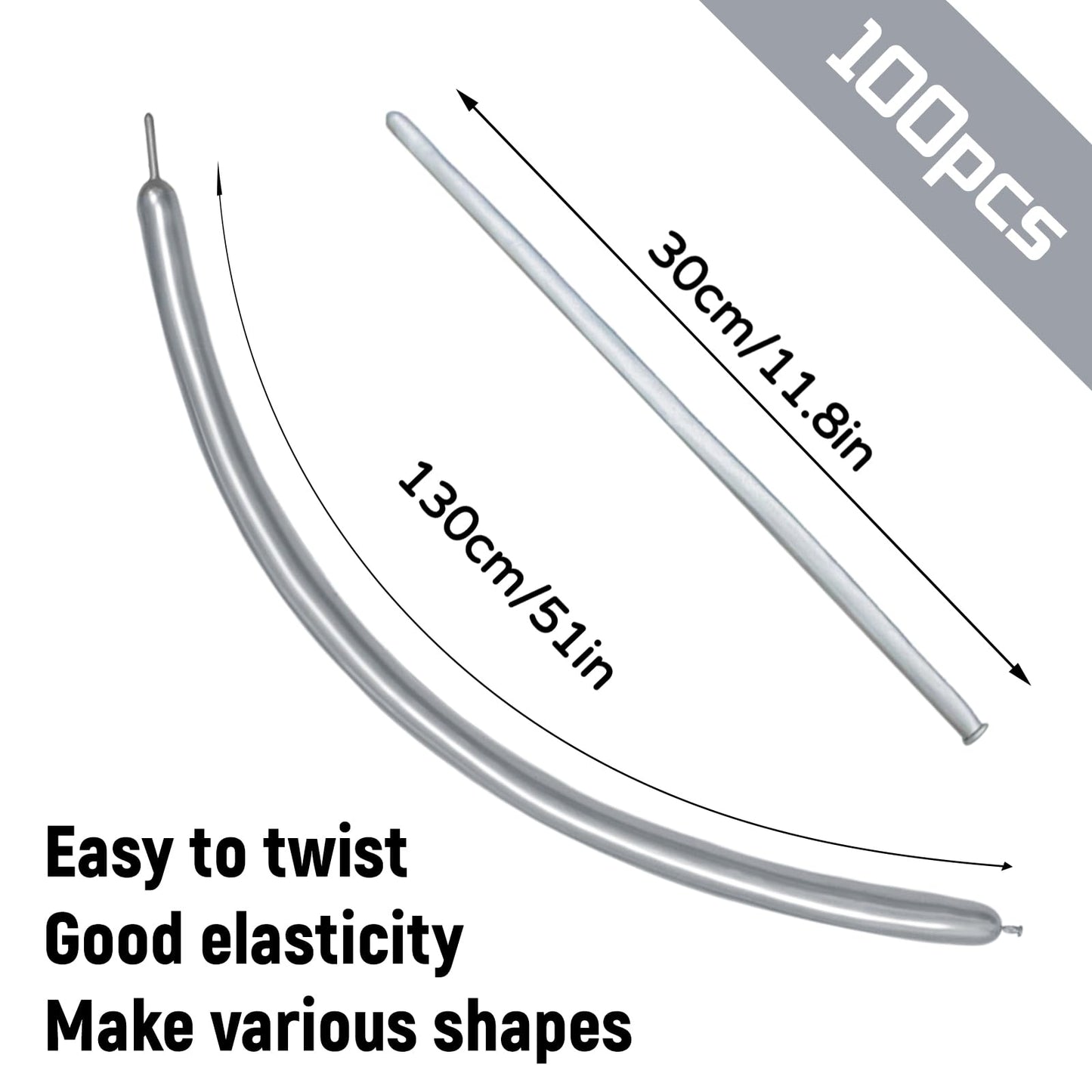 100Pcs 260 Balloons Metallic Silver Long Balloons For Balloon Animals, Silver Skinny Latex Twisting Balloon For Animals Modeling