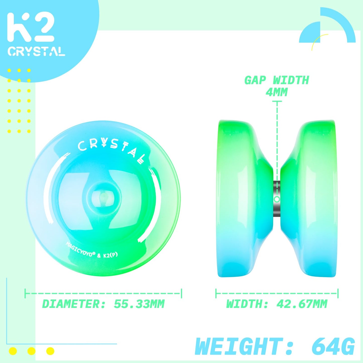 Crystal Yoyo K2 Responsive Yoyo For Kids, Professional Unresponsive Yoyo For Advanced, Yo-Yos For Adults And Beginners With Yo Yo 12 Strings + Yoyo Case Bag+ Yoyo Accessories Kit (Blue Green)