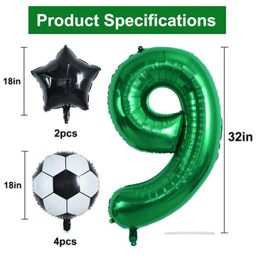 Toniful 32 Inch Soccer Balloons Set 9St Birthday Decoration Green Number 9 Foil Soccer Balloon Black Star Balloons For Children'
