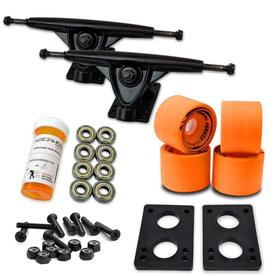 Yocaher Longboard Skateboard Trucks Combo Set w/ 71mm Wheels + 9.675 Polished/Black Trucks Package, Gel Red Wheel, Black Trucks