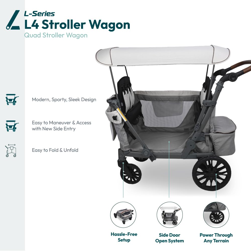 WONDERFOLD L4 Quad Stroller Wagon - 4 Seater, Collapsible, Adjustable UPF50+ Canopy, Gray, Model L4-GRY