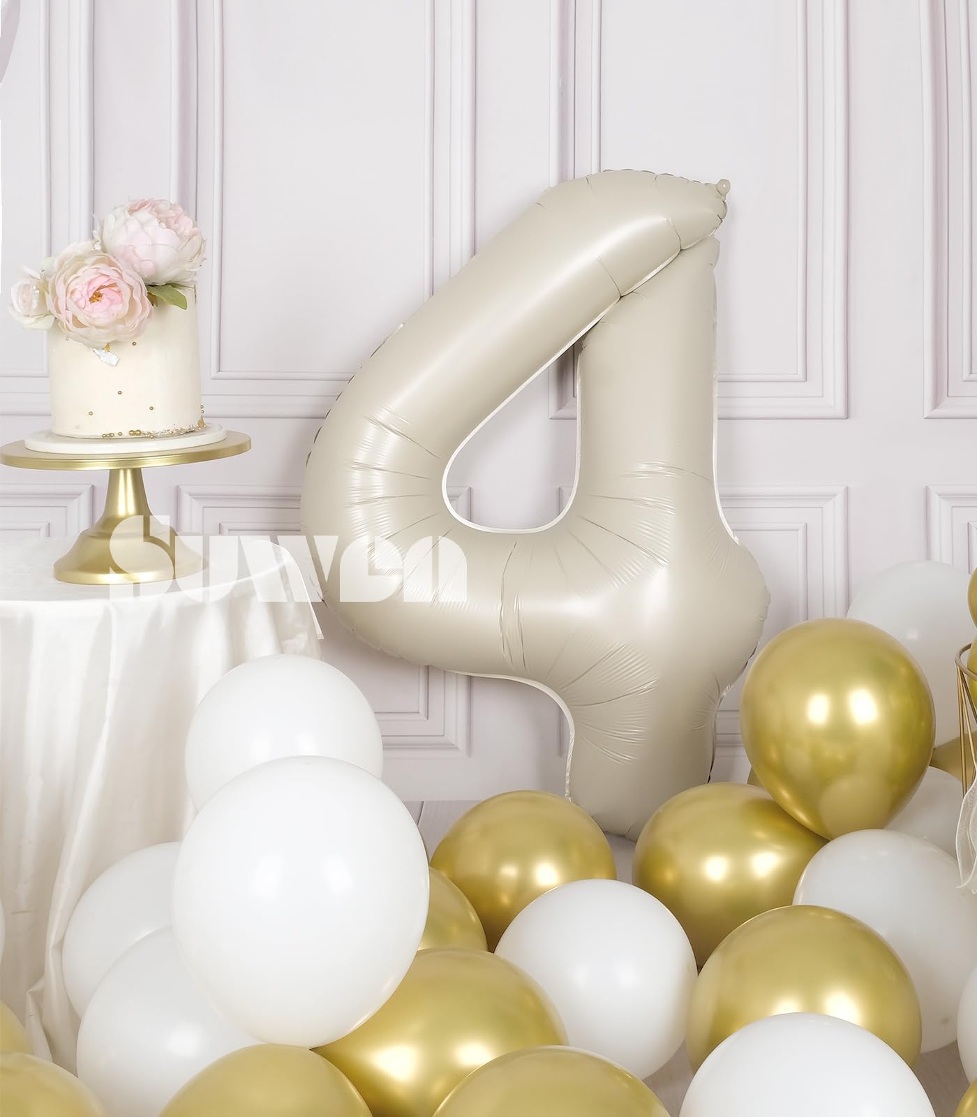 Suwen Cream White 40 Inch Number Balloon 4, Safe Material, Jumbo Birthday Party Decorations For Boy Or Girl Anniversary Supplies