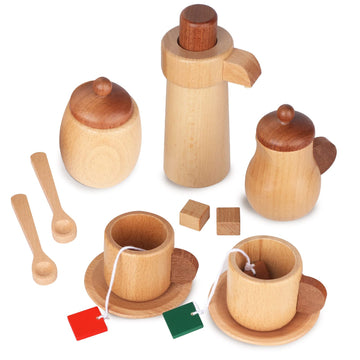 WHOHOLL Wooden Tea Set for Little Girls, Natural Wood Toys Tea Party Set, Kids Tea Set for Toddlers 1-3, Baby Play Tea Cup Set f