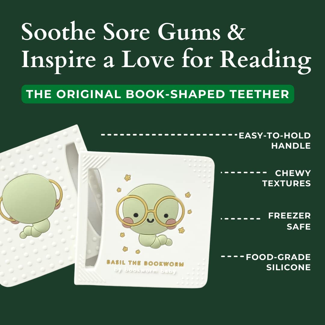 Basil The Bookworm Baby Teether - enhanced BPA Free Silicone Teething Toy | Perfect for Baby Showers | Unique Book-Shaped Design | Freezer & Dishwasher Safe (Age: 3+ Months)