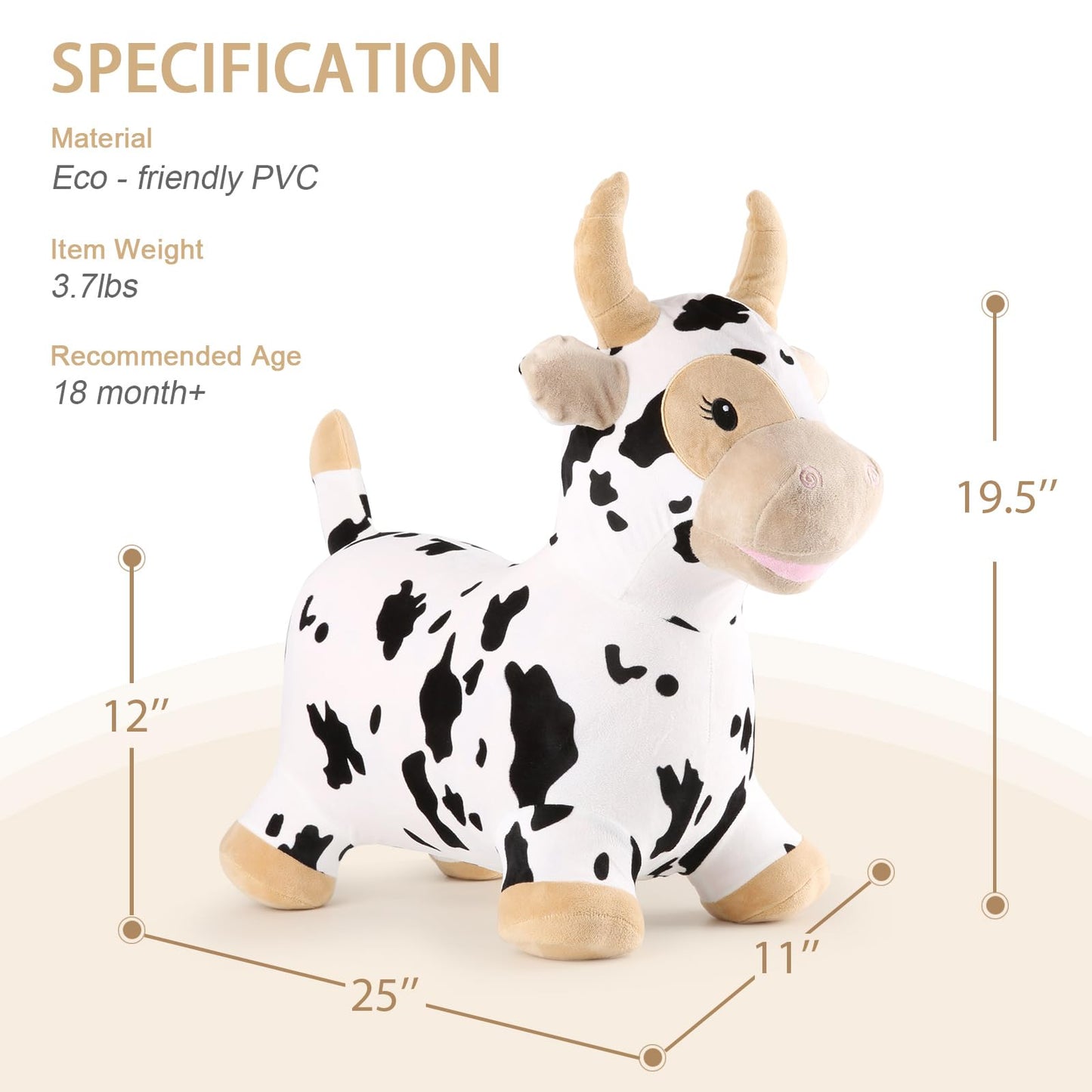 Inpany Bouncy Cow Farm Animal Hopper Toys, Toddler Plush Bouncing Inflatable Bouncer, Ride On Hopping Horse, Indoor Outdoor Cowb