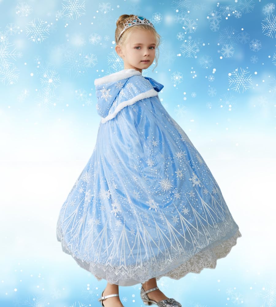 Purfeel Girls Princess Velvet Cape Kids Elsa Hooded Princess Cape Halloween Snow Cloak Costume 3-6Years