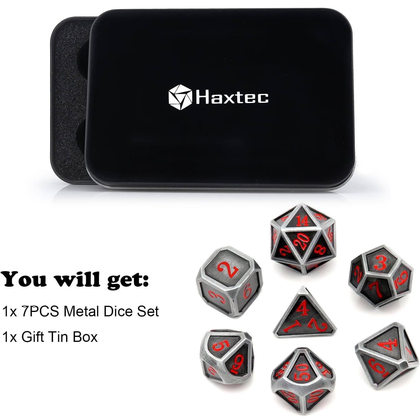 Haxtec Ancient Silver Metal DND Dice Set D&D 7PCS Large Rounded Antiue Iron RPG Dice Red Numbers for Dungeons and Dragons TTRPG