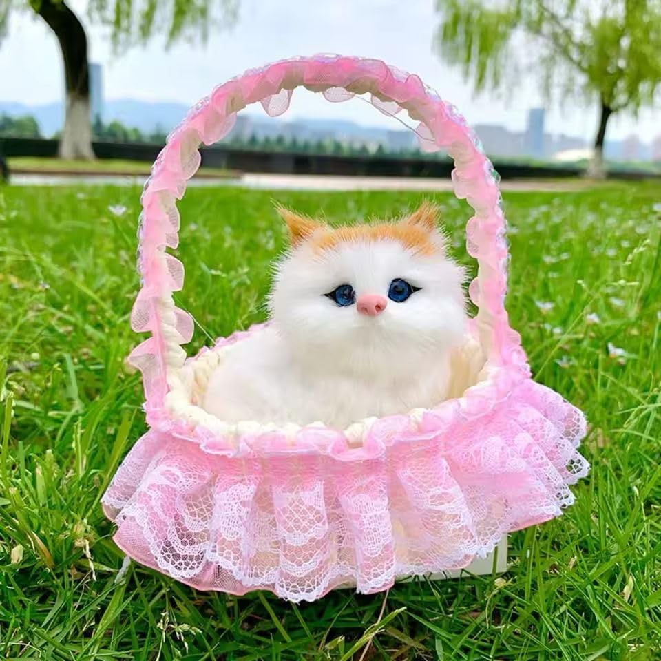 Beyondecor Soft Kitten Showpiece Toy in Lace Hanging Basket with LED Lights & Sound (Light Pink)