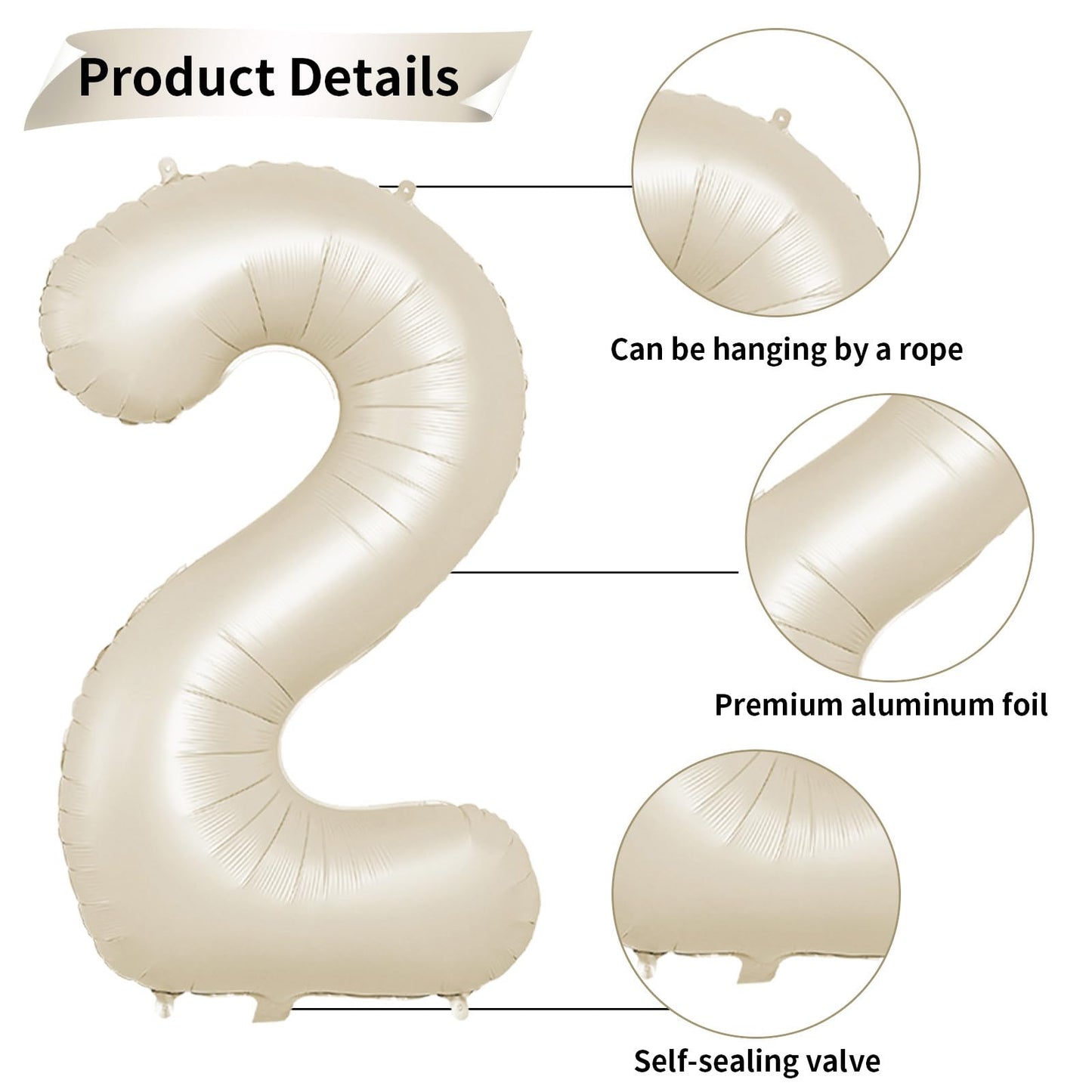 40 Inch Cream Number 2 Balloon, Beige Large 2Nd Birthday Balloons, Digital 2 Cream White Giant 2 Foil Balloon Helium For Boys Gi