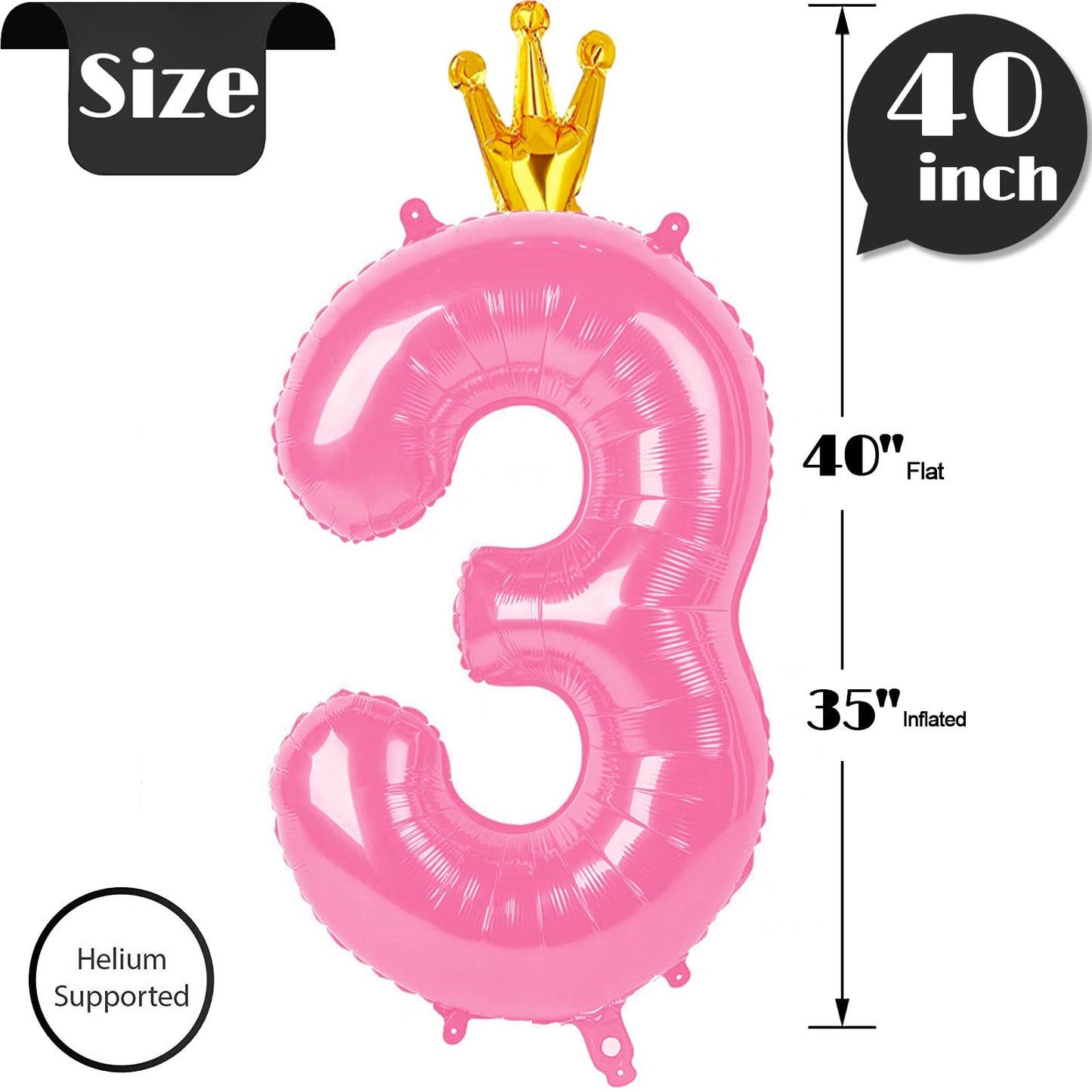 Reavor 40 Inch Pink Number Balloon 3 - Aluminum 3rd Birthday Decor with Crown