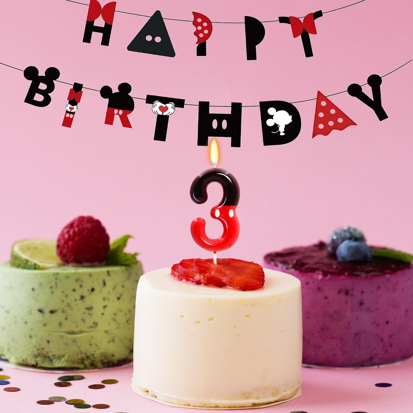 3rd Black Red Birthday Candles for Boys Girls, Red Mouse Cake Topper Cupcake Decor, Cartoon Themed Birthday Party Decorations Su