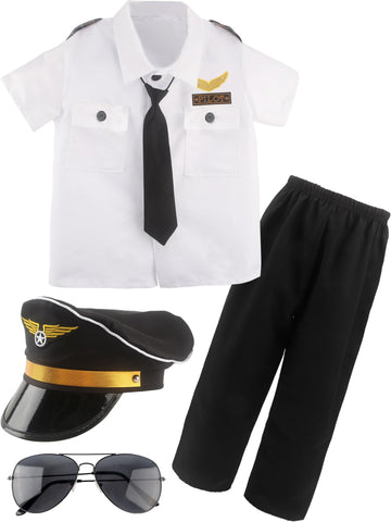 Children Pilot Costume Set Captain Uniform Dress Up For Kids Boys Halloween Cosplay Pretend Role Play Party