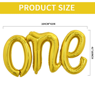 Toniful Gold One Balloons Banner, 42*16 Inch Mylar Foil Script / Cursive Letter One Sign Banner Balloon Bunting Reusable Ecofrie