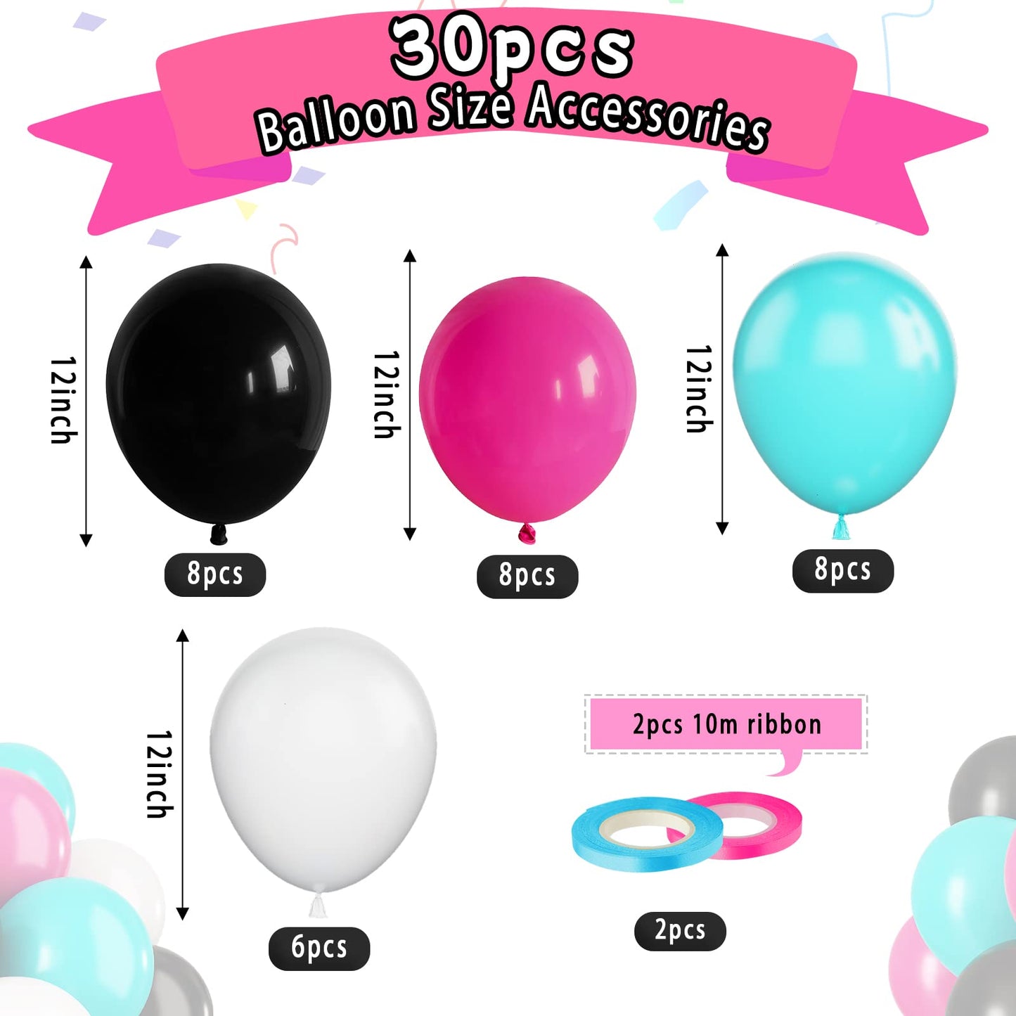 Paready Disco Music Party Balloons, 30 Pcs 12 Inch Hot Pink Black Blue And White Latex Balloons With Ribbons For 80S 90S Disco M