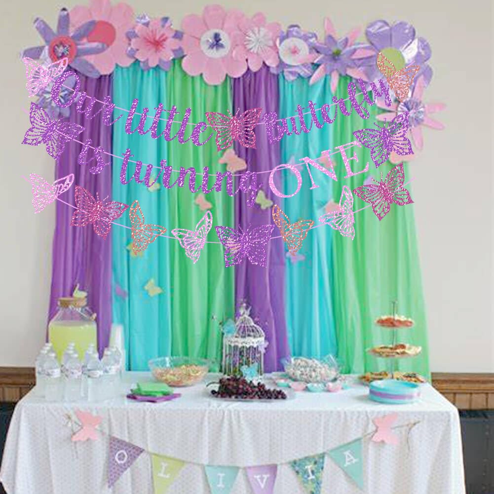Our Little Butterfly is Turning One Banner Purple Glitter Butterfly 1st Birthday Banner for Spring Butterfly Girls One Year Old
