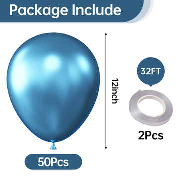 Kalor 12 Inch Metallic Blue Balloons, 50 Pcs Latex Helium Metallic Balloons For Kid'S Birthday Party, Baby Shower, Wedding, Graduate Party Decorations