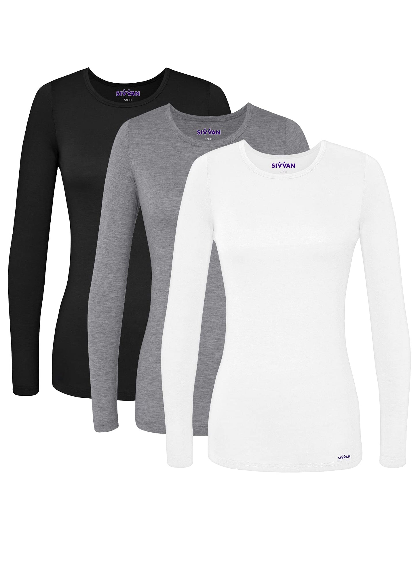 Sivvan Scrubs For Women - Long Sleeve Comfort Underscrub Tee 3-Pack - S85003 - Blackdark Marl Greywhite - S