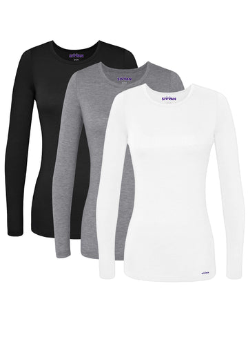 Sivvan Scrubs For Women - Long Sleeve Comfort Underscrub Tee 3-Pack - S85003 - Blackdark Marl Greywhite - S