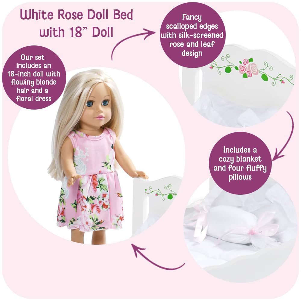 Badger Basket Doll Bed Plus 18 Inch Doll, Includes Bedding And Personalization Kit, White Rose