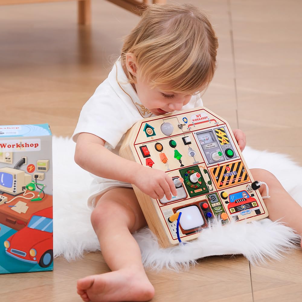 Jaunty Montessori Wooden Busy Board For Toddlers 1 2 3 Years Old, Wooden Sensory Toddler Toys With Led Light Switches, Tv Radio