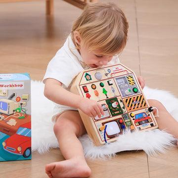 Jaunty Montessori Wooden Busy Board For Toddlers 1 2 3 Years Old, Wooden Sensory Toddler Toys With Led Light Switches, Tv Radio