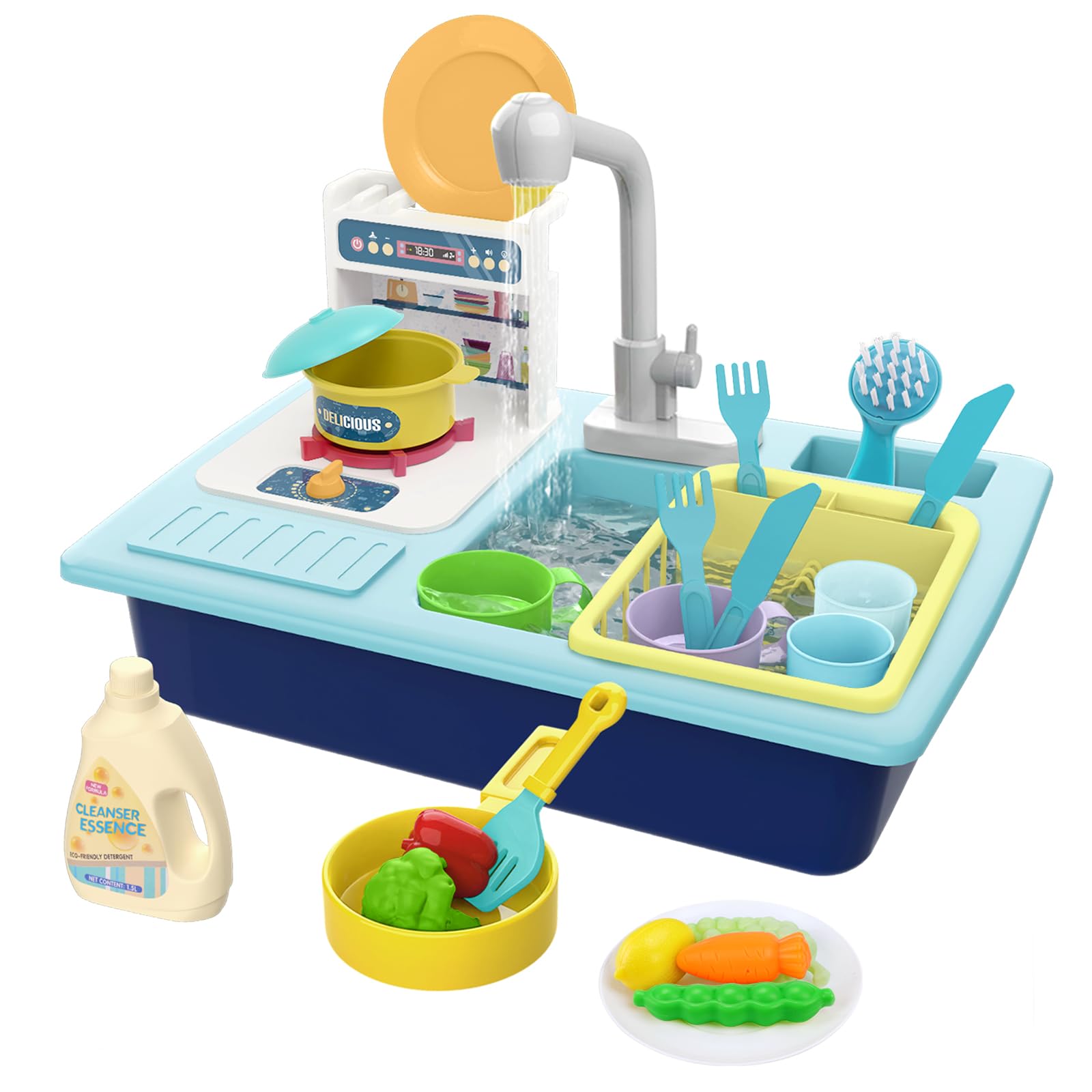 Funmission Play Kitchen Sink Toys, Children Electric Dishwasher Play Sink With Running Water, Play Kitchen Accessories, Upgraded