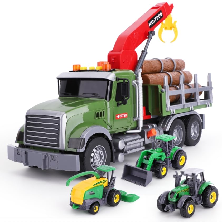 wakelnsa 15'' Big Truck Toys Set,Include Farm Truck,3 Random Metal Truck,Toy Truck with Hook,Toys for Boys Age 3-7 Christmas & B