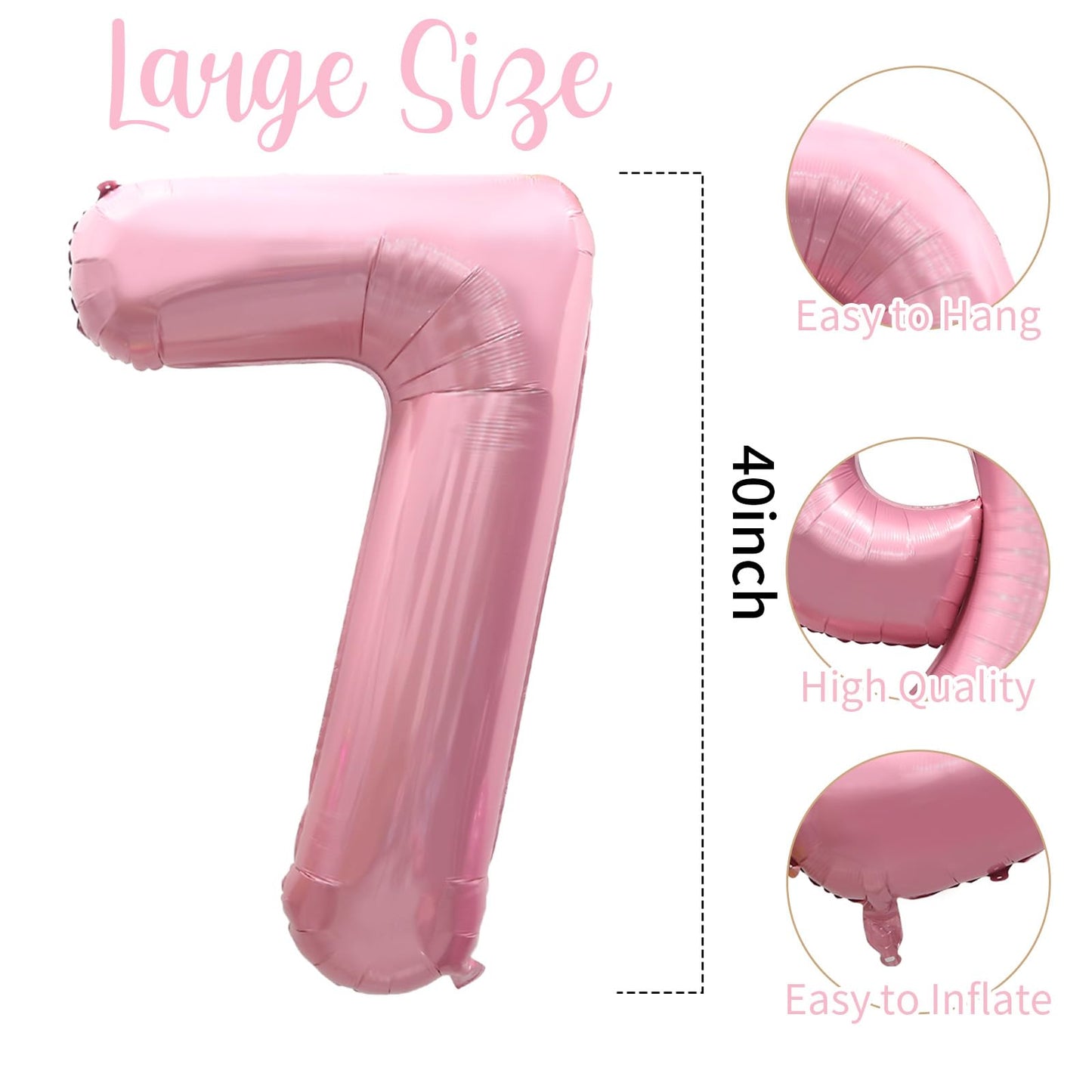 40 Inch Pink Number 7 Balloons, Large 7 Balloon Number Pink Foil Number Balloons, Light Pink 7th Mylar Birthday Balloons for Gir