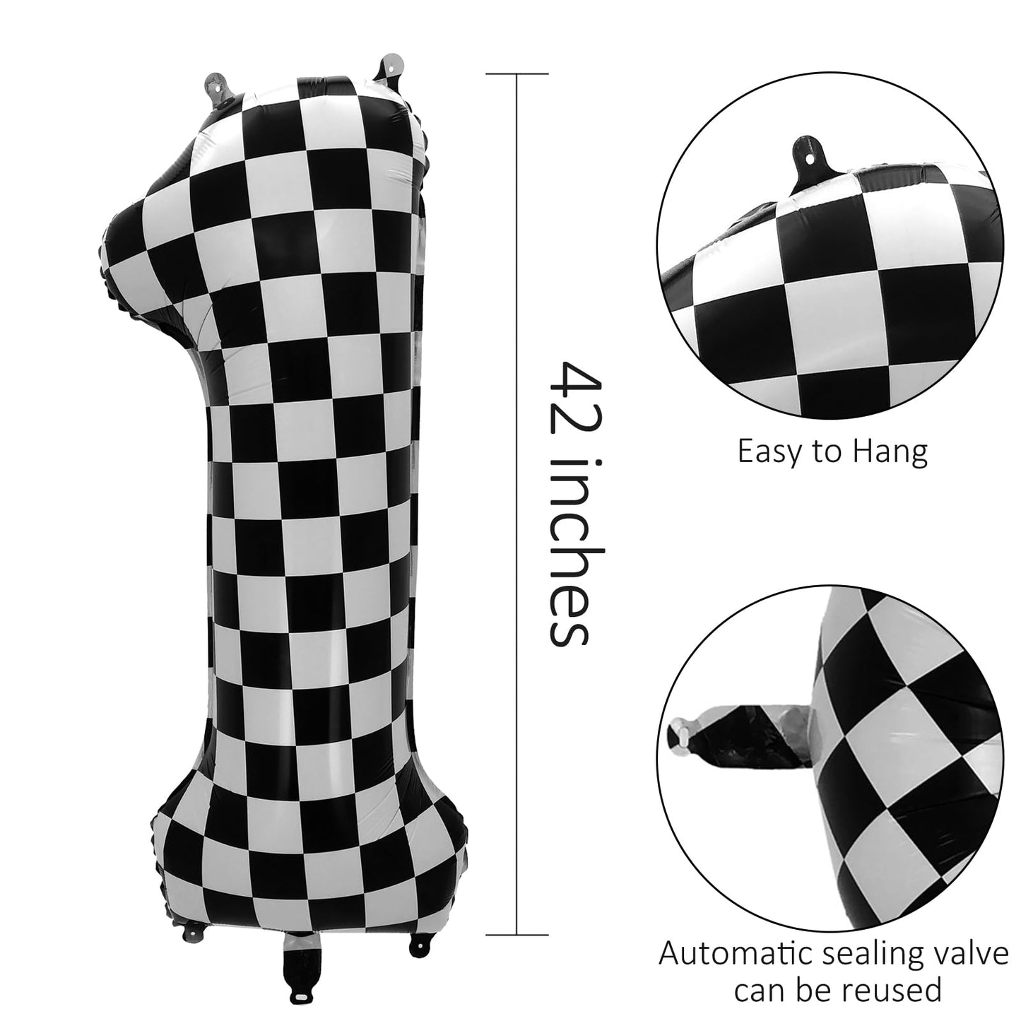 Eoopoon 42 Inch Checkered Number Balloon 3, 3rd Race Car Flag Birthday Party Supplies for Boys Girls, Large Black and White Numb