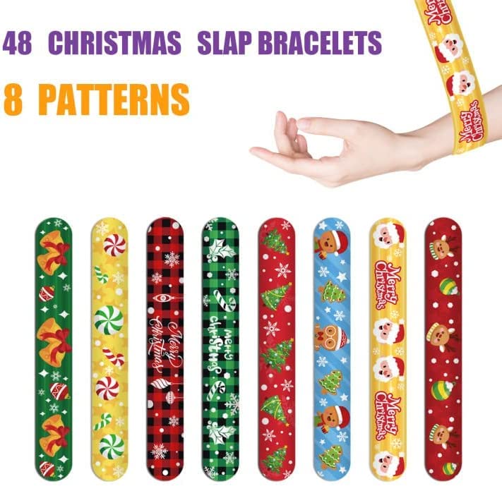 FOIMAS 48pcs Christmas Slap Bracelets,Xmas Santa Reindeer Snap Bracelet Wristband for Kids Christmas Stocking Stuffer Bag Filler