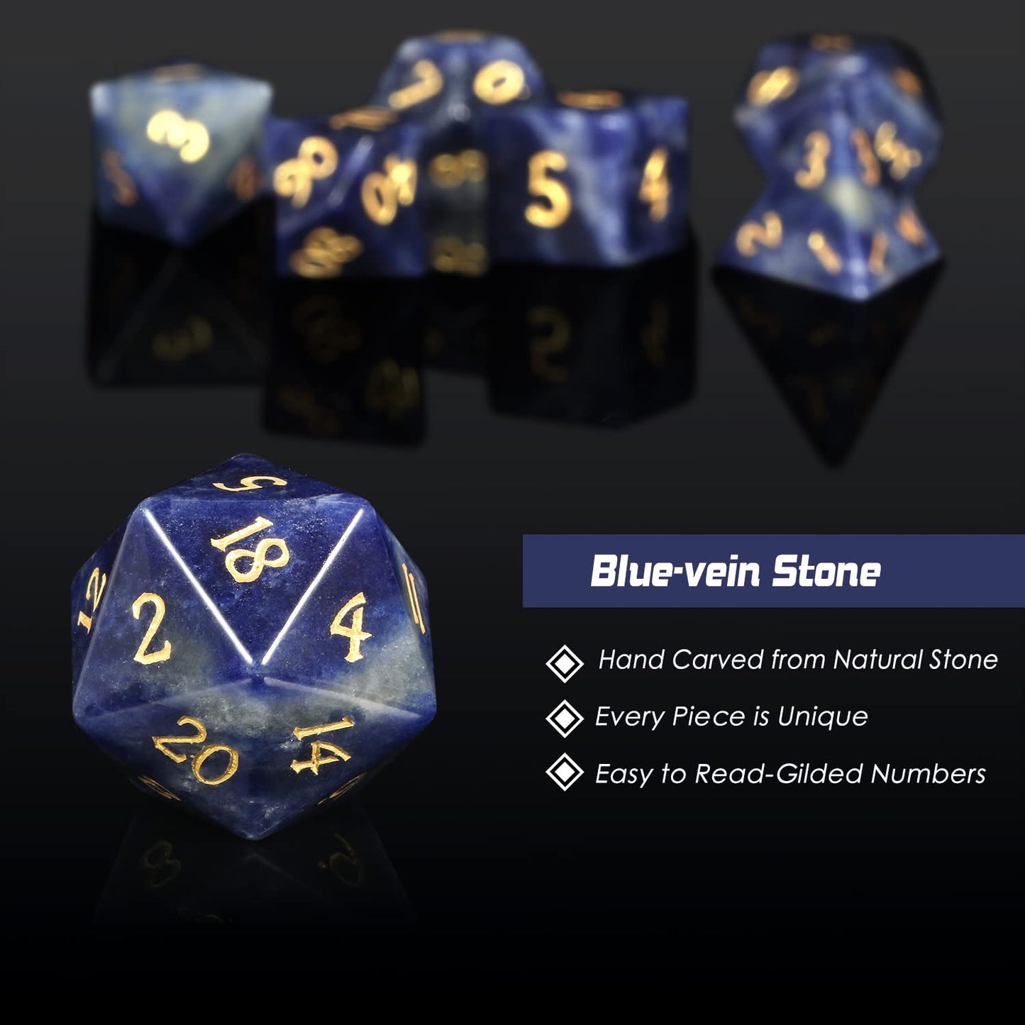 Blue-vein Stone D&D Dice Set DNDND 7 PCS Natural Gemstone DND Dice with Grogeous Gift Case for Dungeons and Dragon Tabletop Game